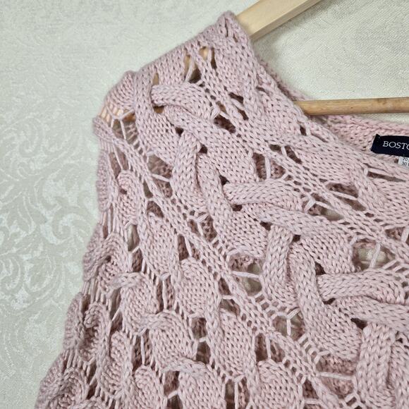 Boston Proper Wool Blend Poncho sz M/L Pink Open Knit Chunky Pastel - Picture 6 of 14